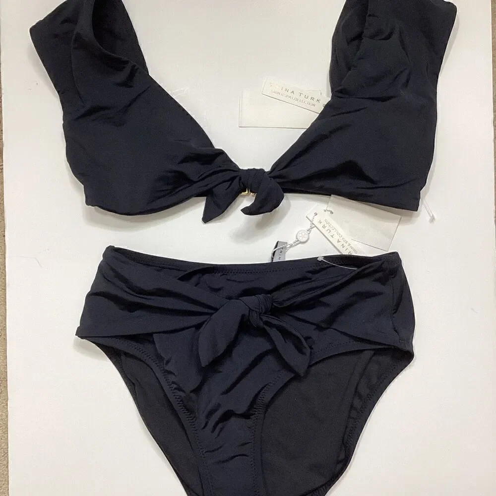 New. Trina Turk black front tie bikini set. 4-top/6-bottom. $155